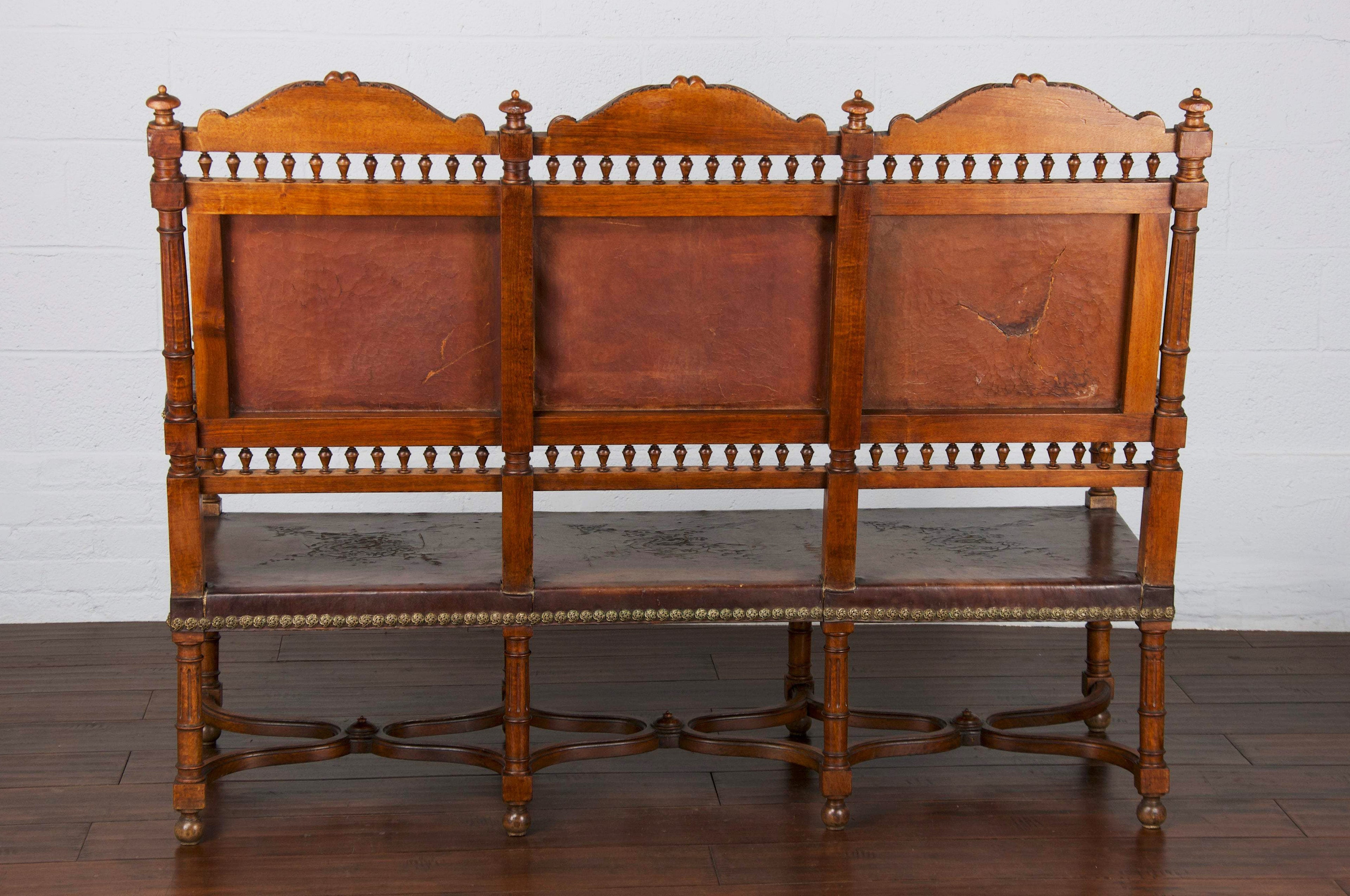 Early 19th Century French Renaissance Henry II Walnut Bench W/ Brown Leather