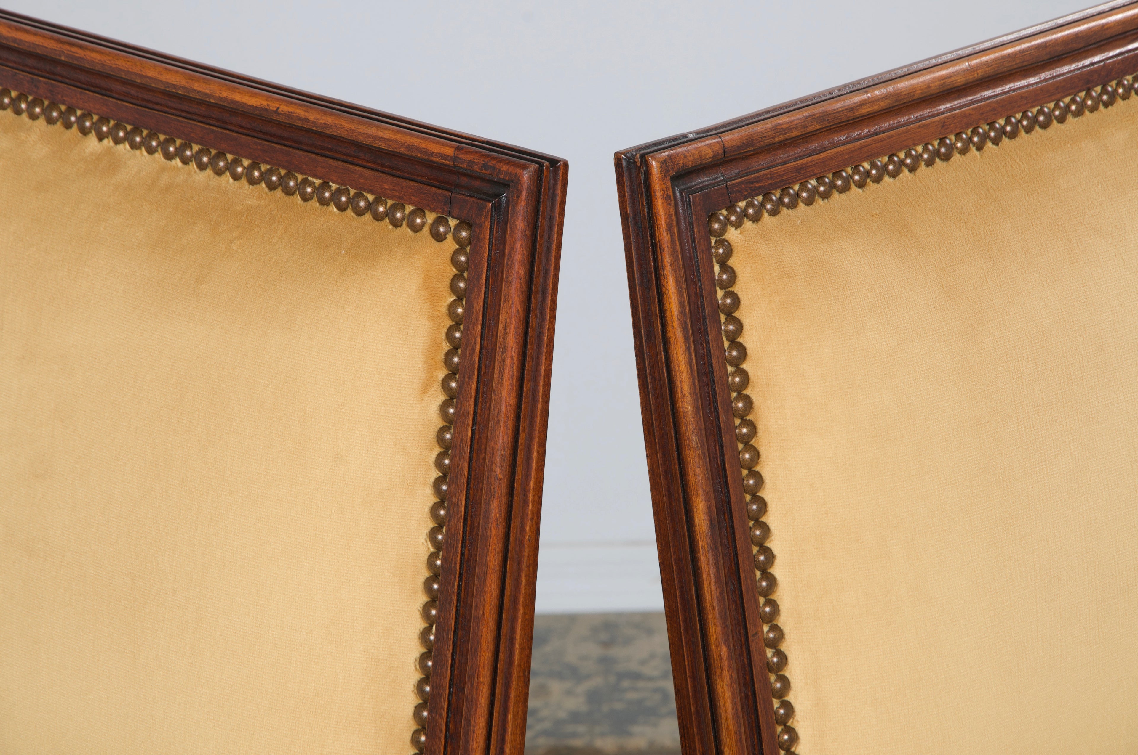 Antique French Louis XVI Style Maple Square Back Side Chairs in Golden Yellow Velvet - A Pair
