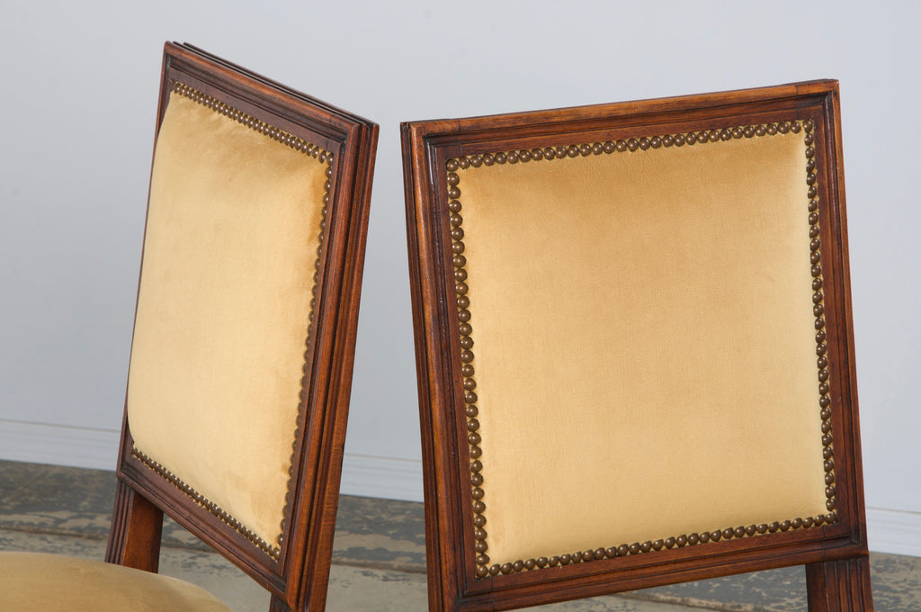 Antique French Louis XVI Style Maple Square Back Side Chairs in Golden Yellow Velvet - A Pair