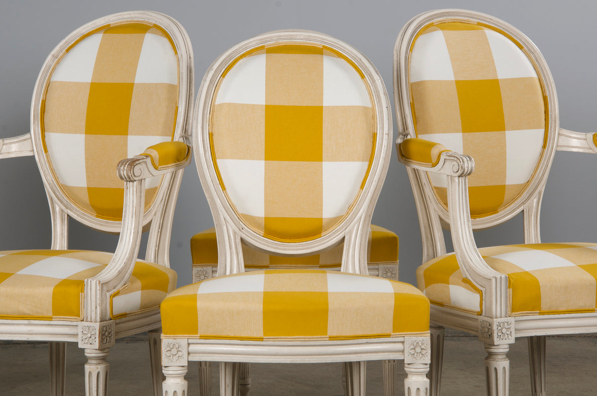 Antique French Louis XVI Style Painted Dining Chairs W/ Goldenrod Plaid Fabric - Set of 8