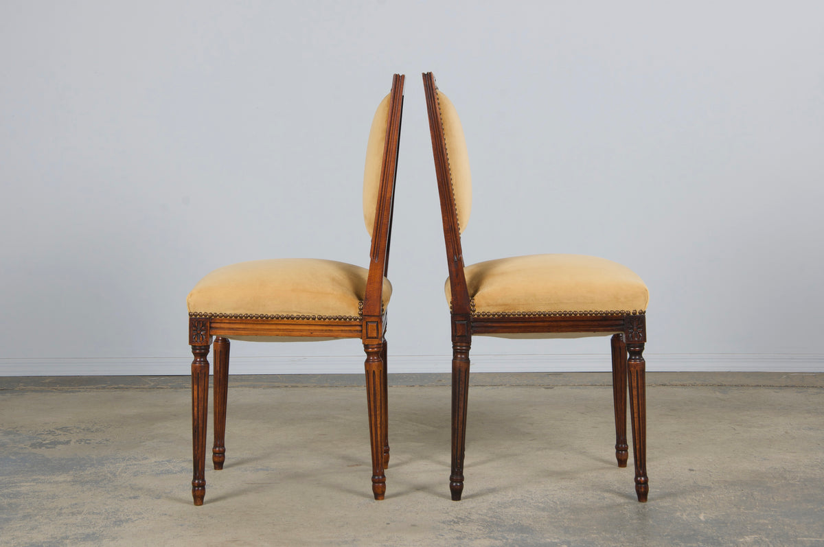 Antique French Louis XVI Style Maple Square Back Side Chairs in Golden Yellow Velvet - A Pair