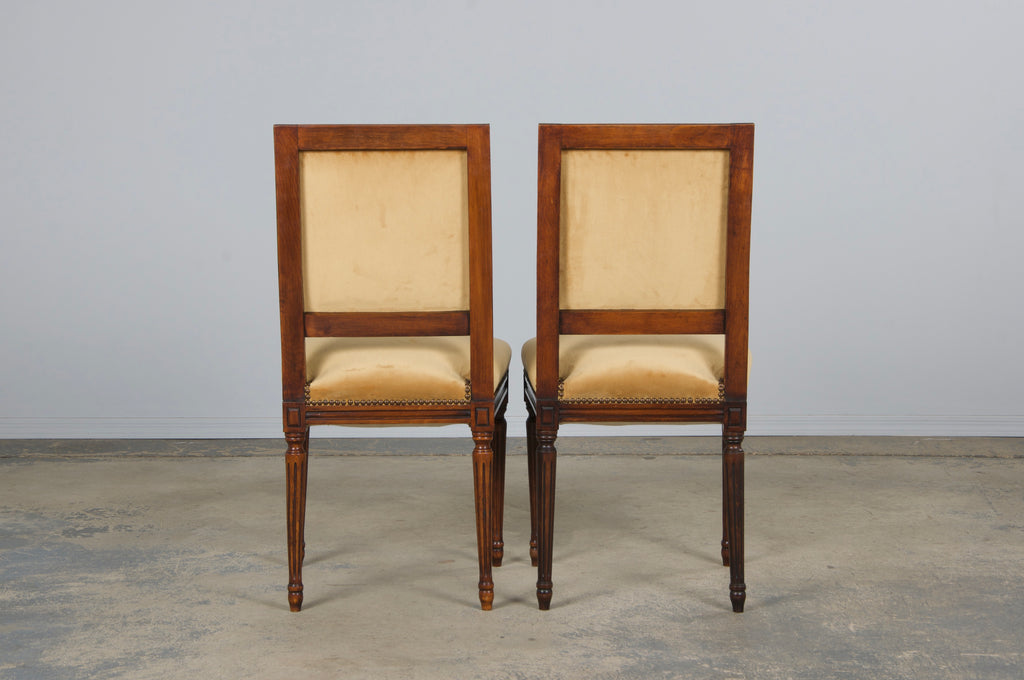 Antique French Louis XVI Style Maple Square Back Side Chairs in Golden Yellow Velvet - A Pair