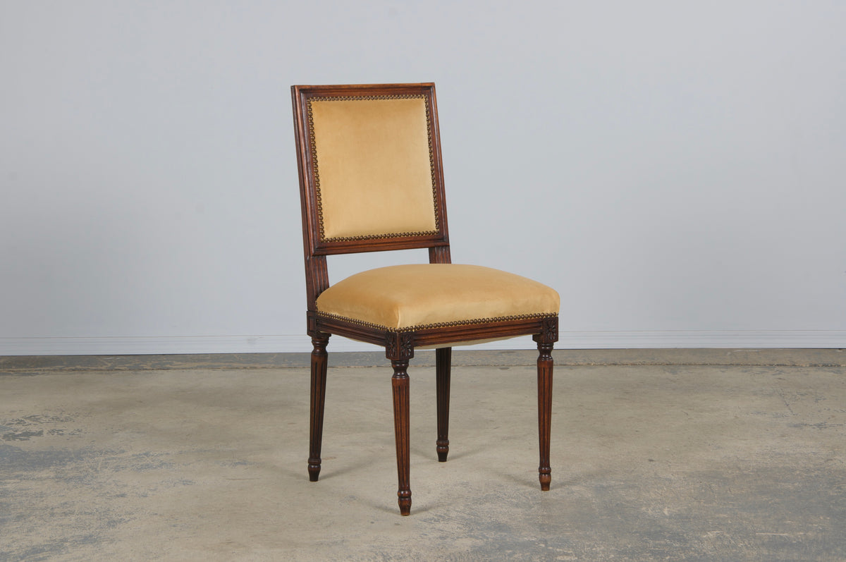 Antique French Louis XVI Style Maple Square Back Side Chairs in Golden Yellow Velvet - A Pair