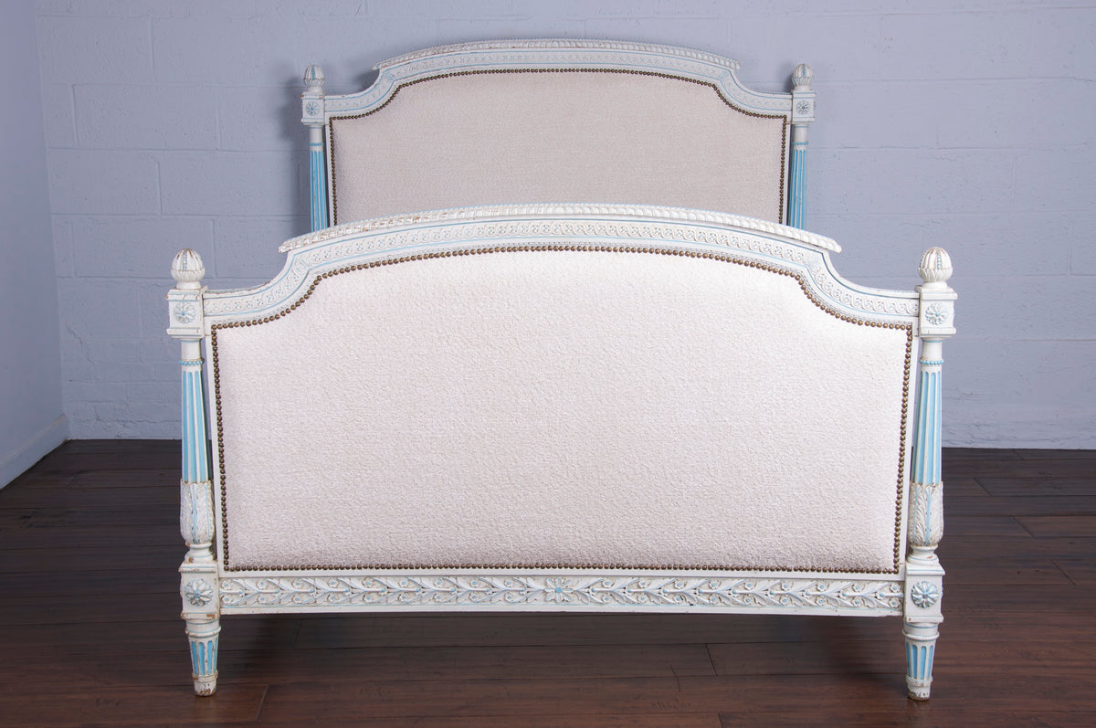 Antique French Parisian Louis XVI Style Painted Fullsize Bedframe W/ Off-White Boucle
