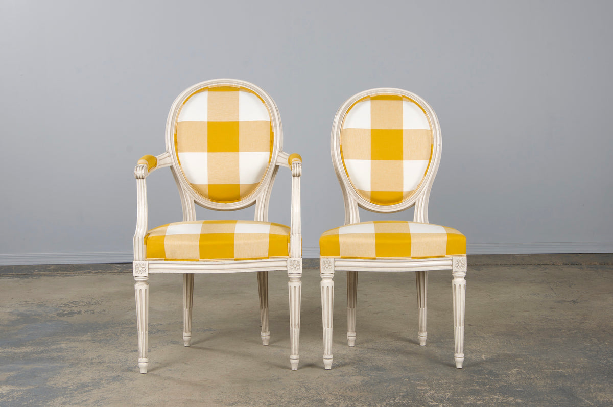 Antique French Louis XVI Style Painted Dining Chairs W/ Goldenrod Plaid Fabric - Set of 8