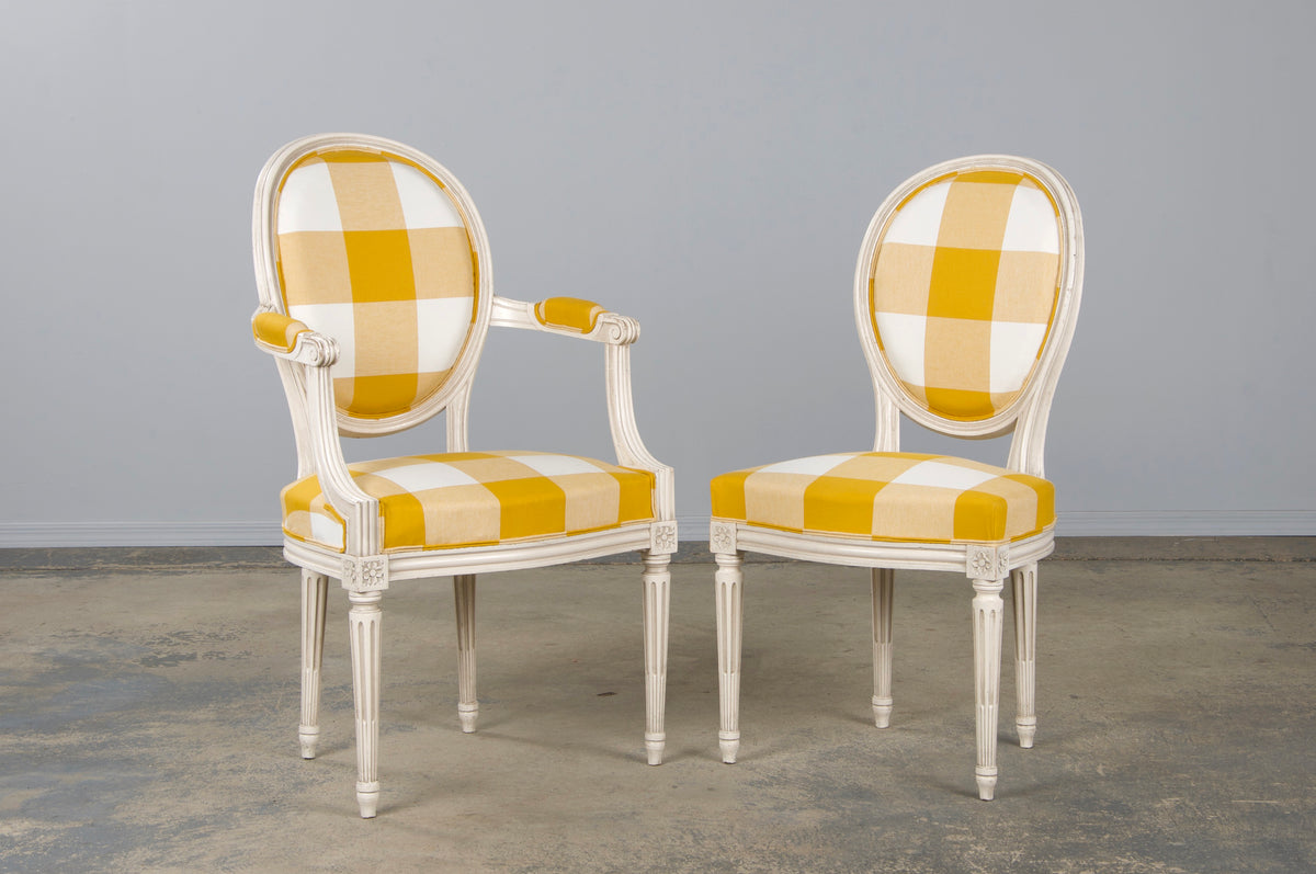 Antique French Louis XVI Style Painted Dining Chairs W/ Goldenrod Plaid Fabric - Set of 8