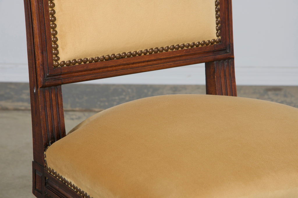 Antique French Louis XVI Style Maple Square Back Side Chairs in Golden Yellow Velvet - A Pair