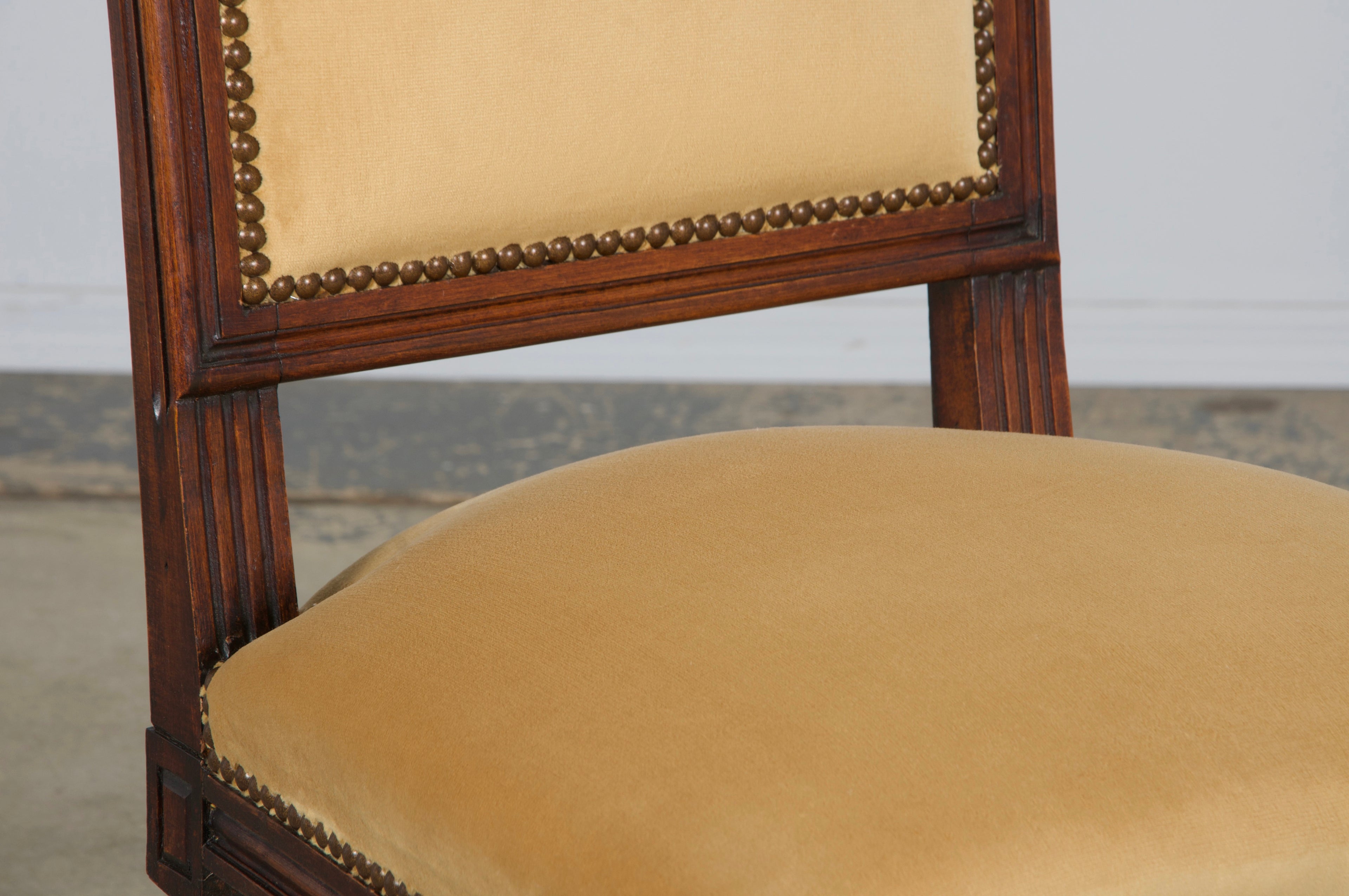 Antique French Louis XVI Style Maple Square Back Side Chairs in Golden Yellow Velvet - A Pair