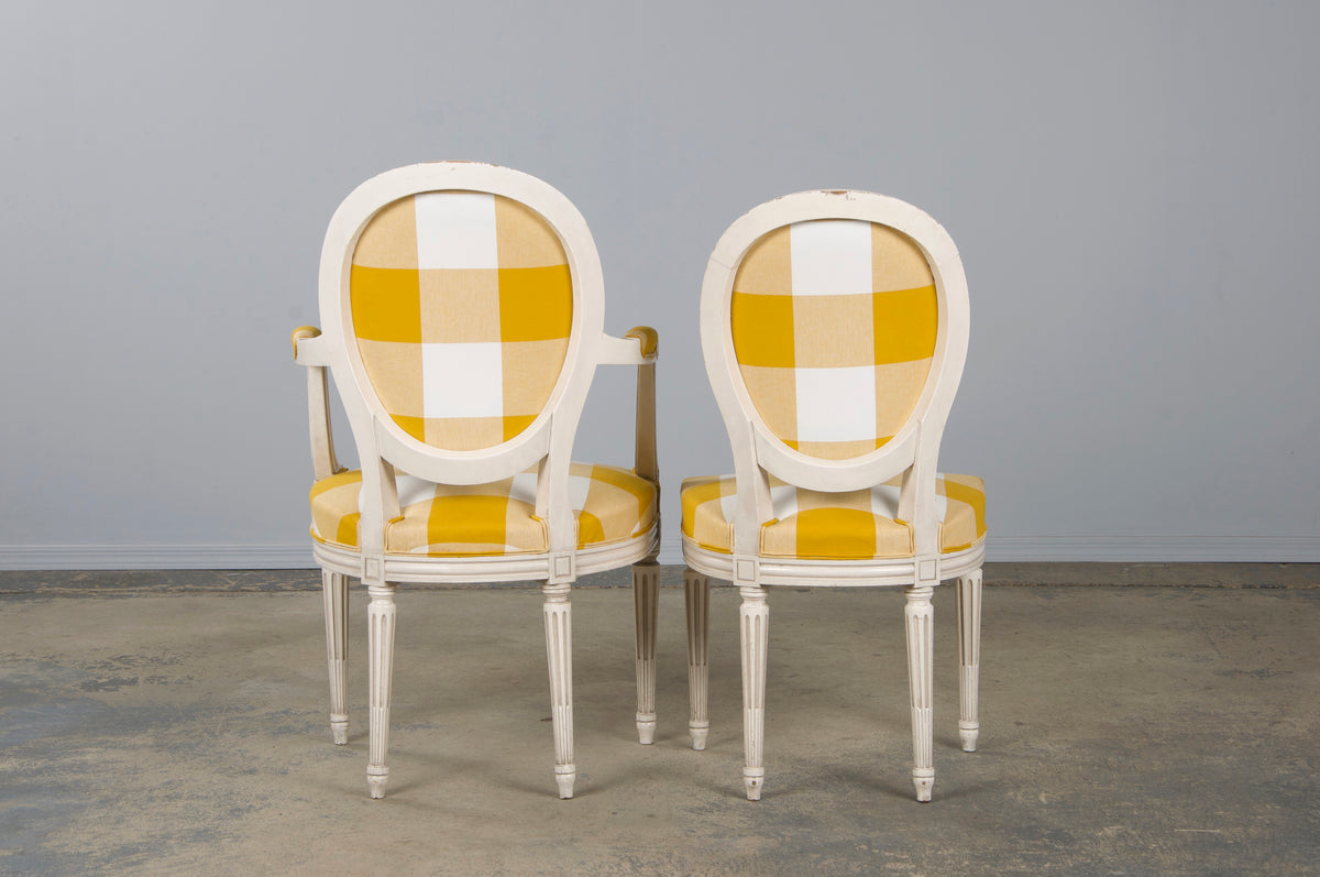 Antique French Louis XVI Style Painted Dining Chairs W/ Goldenrod Plaid Fabric - Set of 8