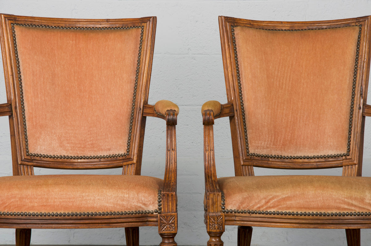 19th Century French Louis XVI Style Oak Brown Mohair Armchairs - Set of 6
