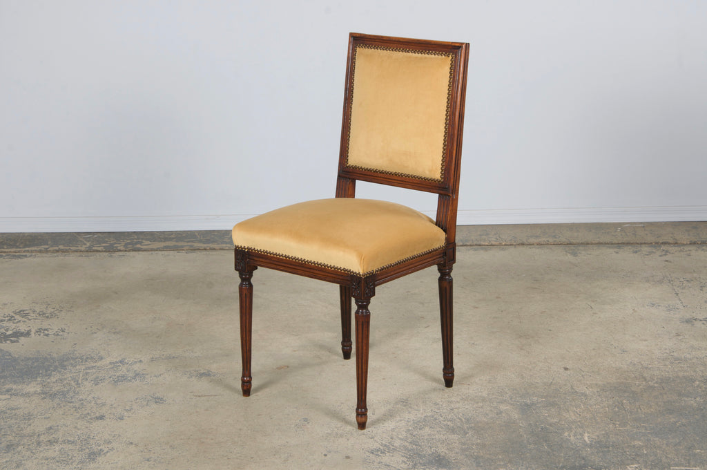 Antique French Louis XVI Style Maple Square Back Side Chairs in Golden Yellow Velvet - A Pair