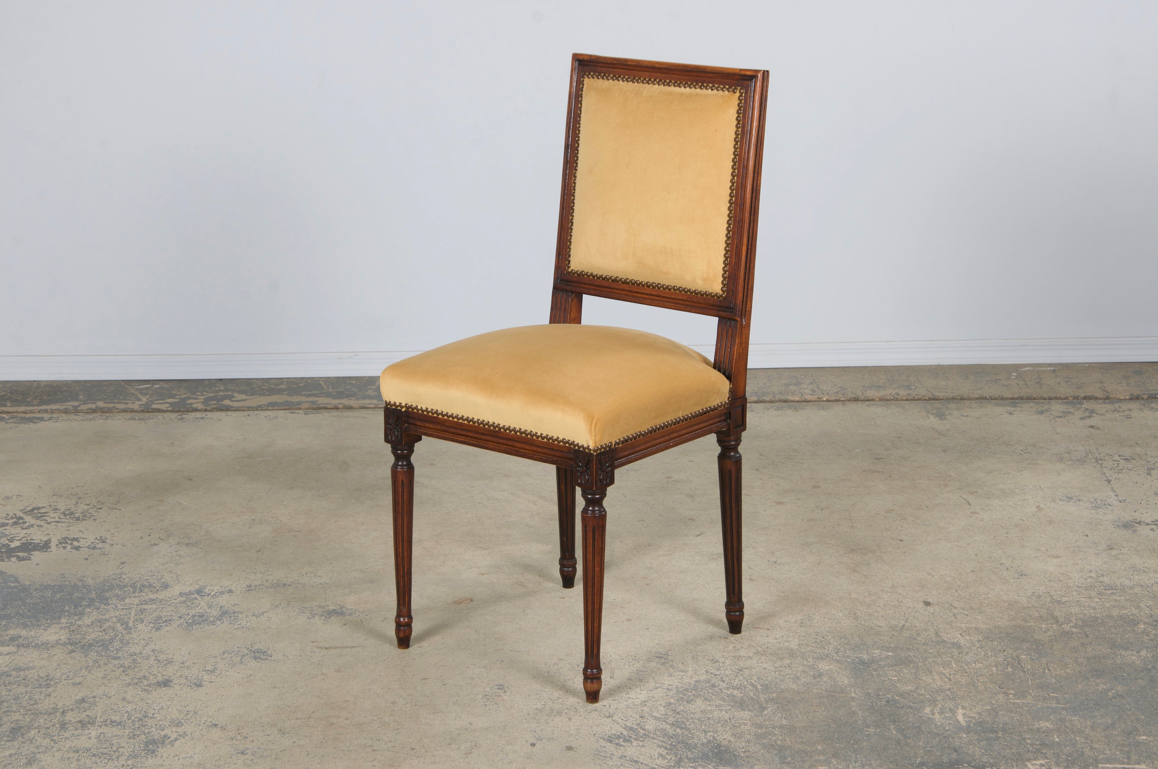 Antique French Louis XVI Style Maple Square Back Side Chairs in Golden Yellow Velvet - A Pair