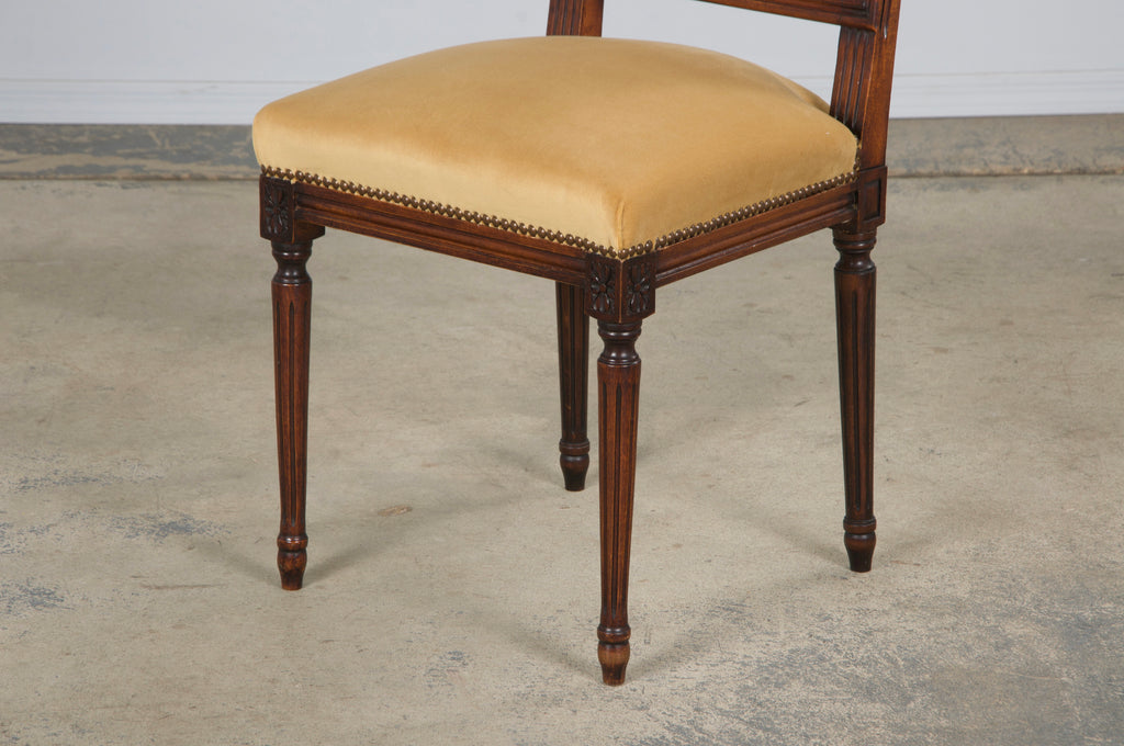 Antique French Louis XVI Style Maple Square Back Side Chairs in Golden Yellow Velvet - A Pair