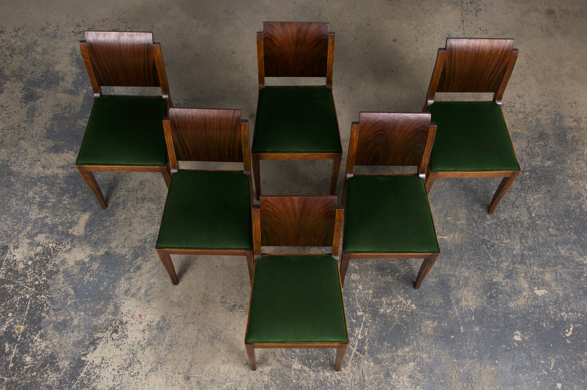 1930s French Jules Leleu Art Deco Rosewood Dining Chairs W/ Green Velvet - Set of 6