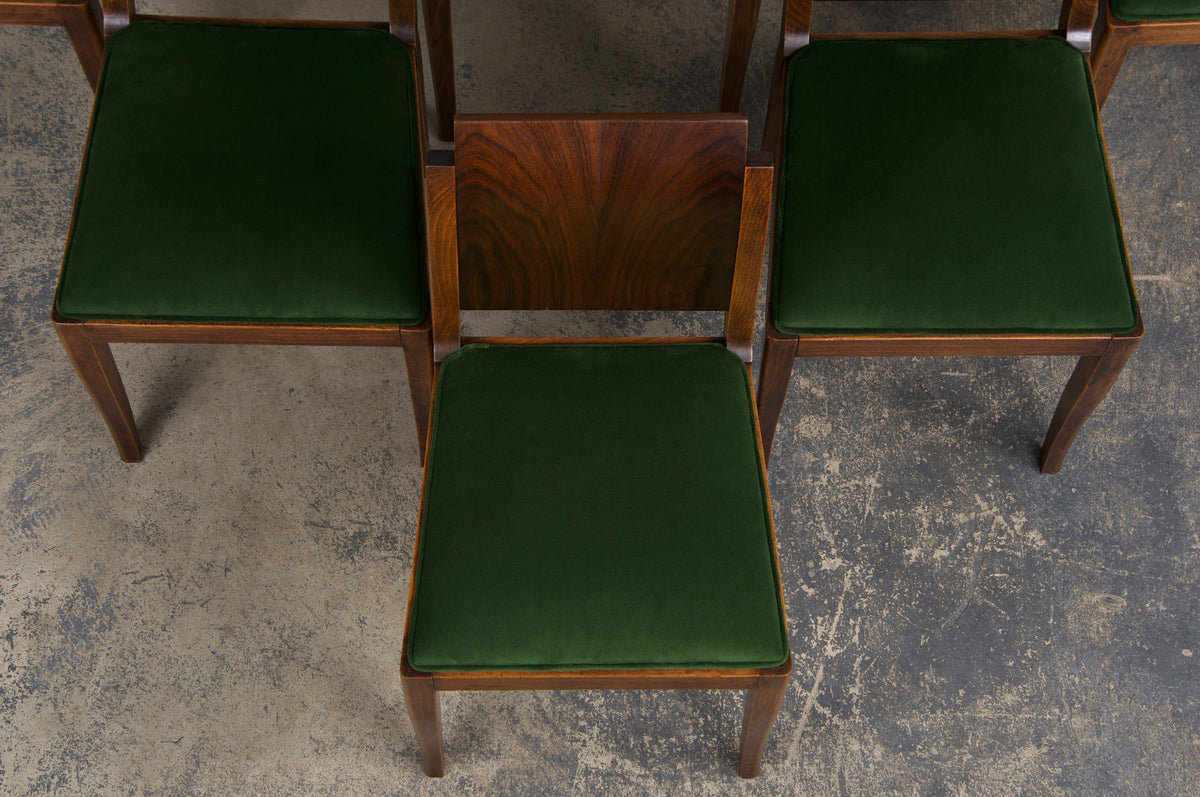 1930s French Jules Leleu Art Deco Rosewood Dining Chairs W/ Green Velvet - Set of 6