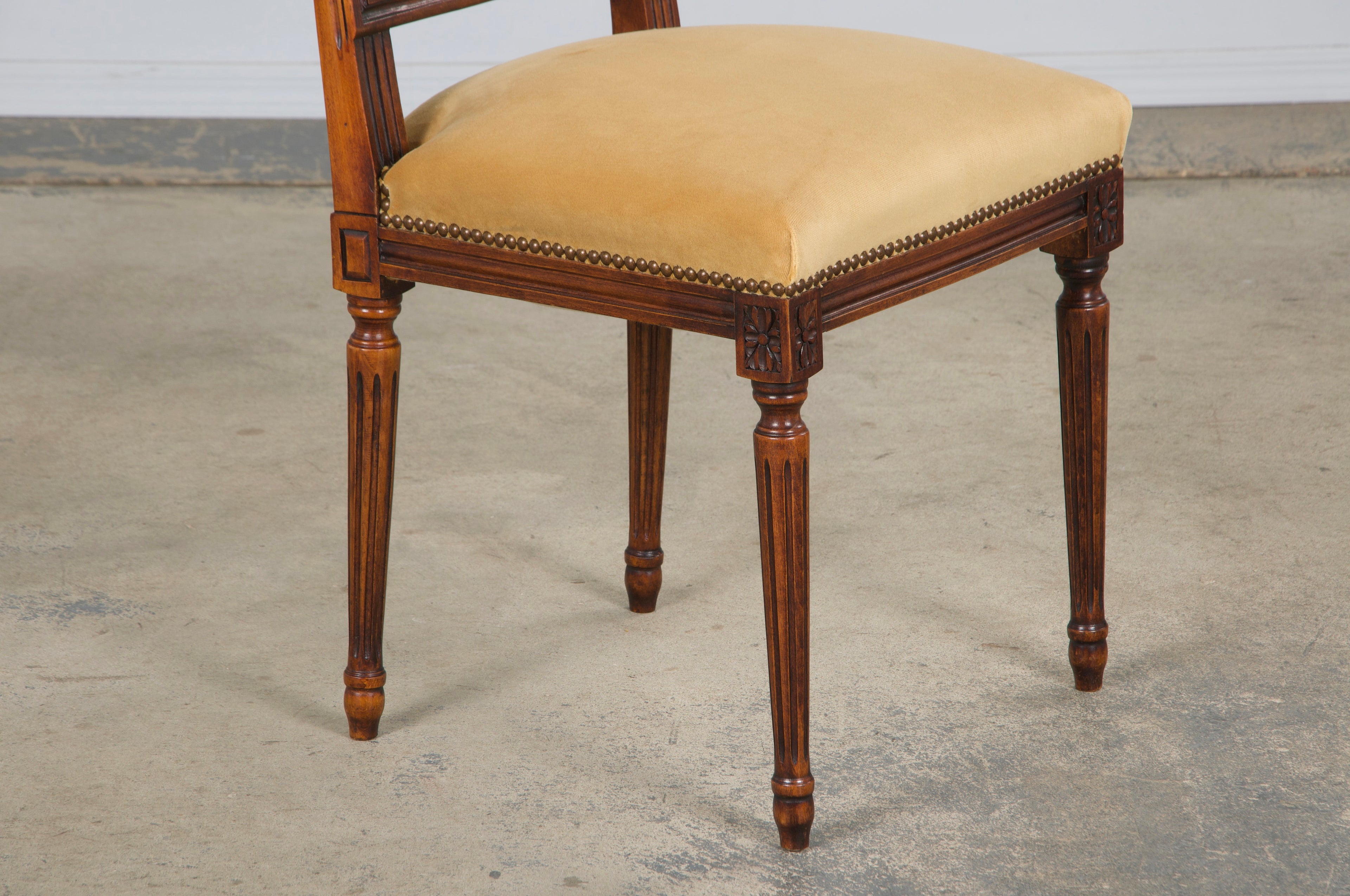 Antique French Louis XVI Style Maple Square Back Side Chairs in Golden Yellow Velvet - A Pair