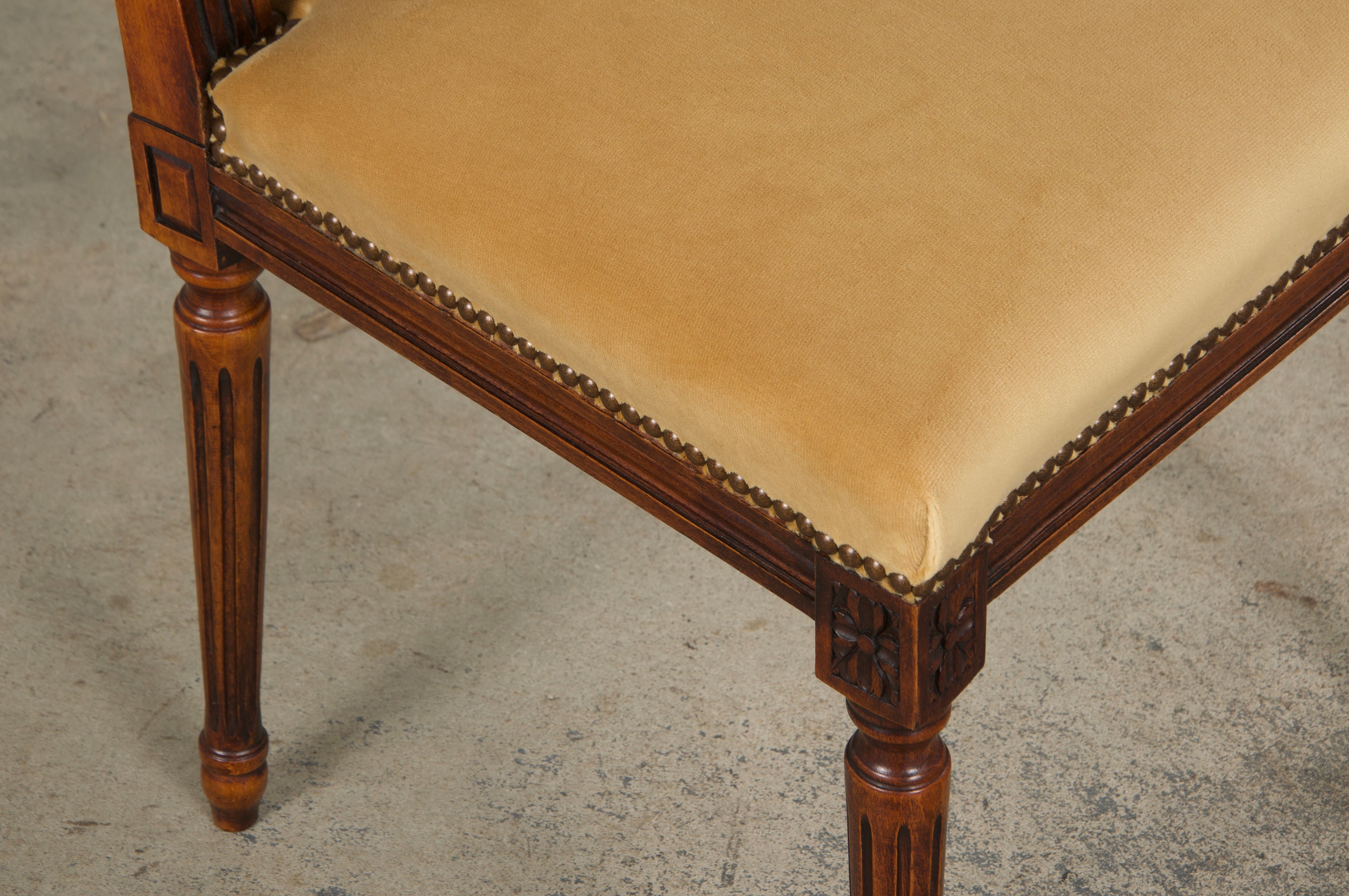 Antique French Louis XVI Style Maple Square Back Side Chairs in Golden Yellow Velvet - A Pair