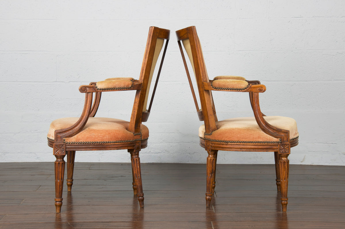 19th Century French Louis XVI Style Oak Brown Mohair Armchairs - Set of 6