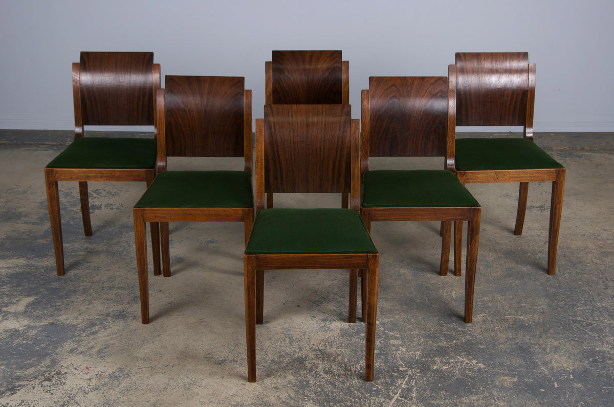 1930s French Jules Leleu Art Deco Rosewood Dining Chairs W/ Green Velvet - Set of 6