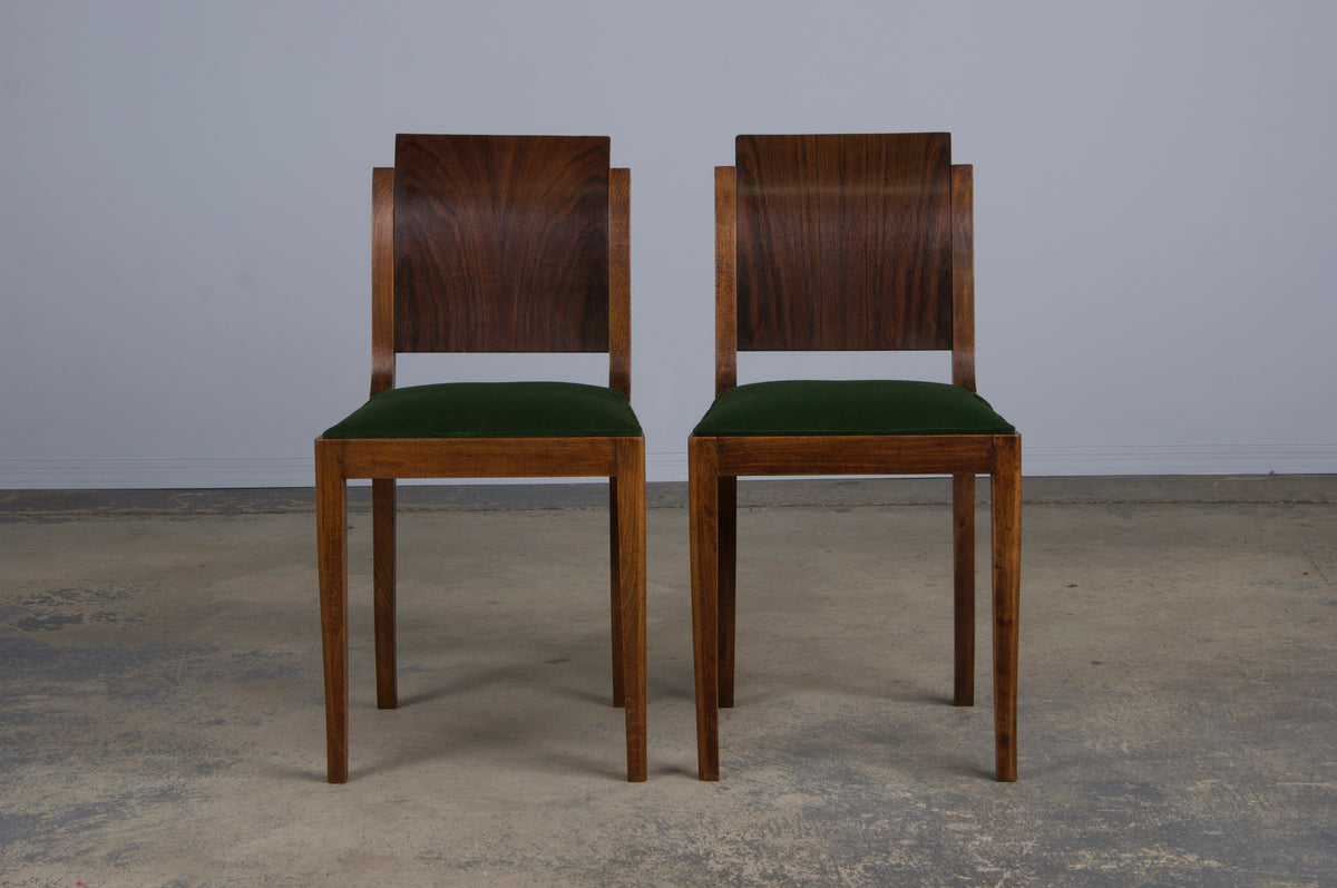 1930s French Jules Leleu Art Deco Rosewood Dining Chairs W/ Green Velvet - Set of 6