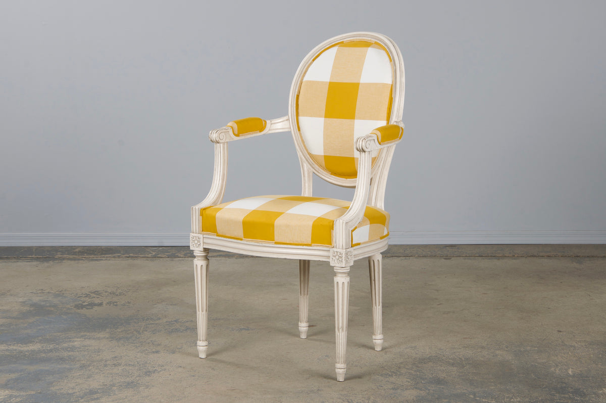 Antique French Louis XVI Style Painted Dining Chairs W/ Goldenrod Plaid Fabric - Set of 8