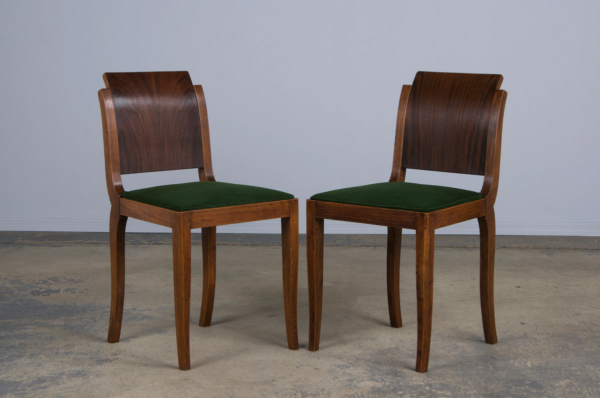 1930s French Jules Leleu Art Deco Rosewood Dining Chairs W/ Green Velvet - Set of 6