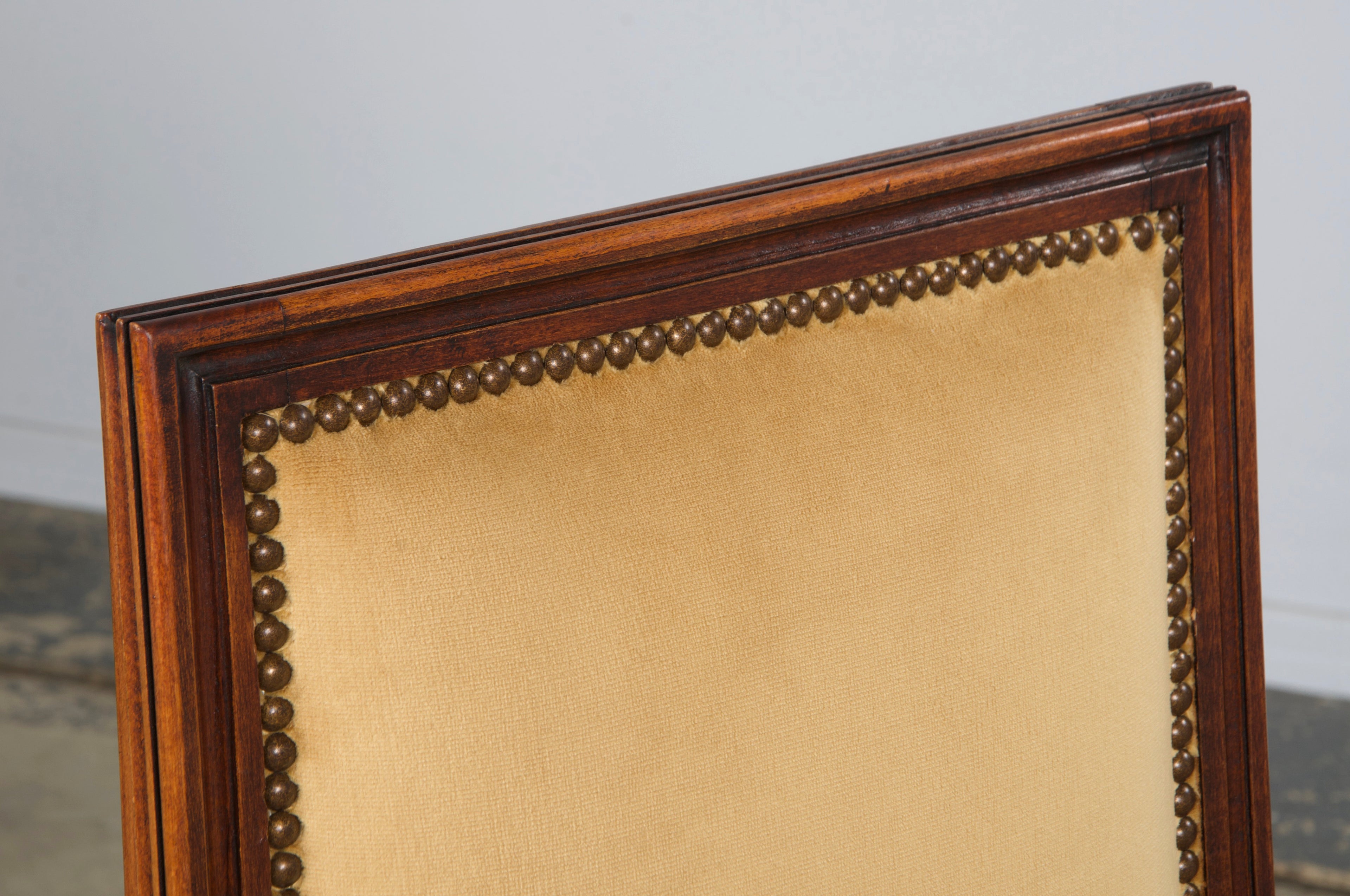 Antique French Louis XVI Style Maple Square Back Side Chairs in Golden Yellow Velvet - A Pair