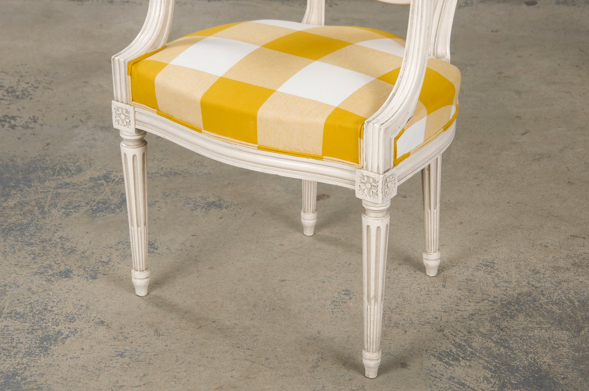 Antique French Louis XVI Style Painted Dining Chairs W/ Goldenrod Plaid Fabric - Set of 8