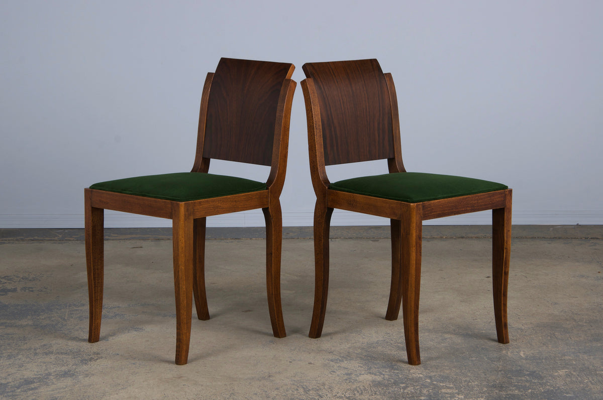 1930s French Jules Leleu Art Deco Rosewood Dining Chairs W/ Green Velvet - Set of 6