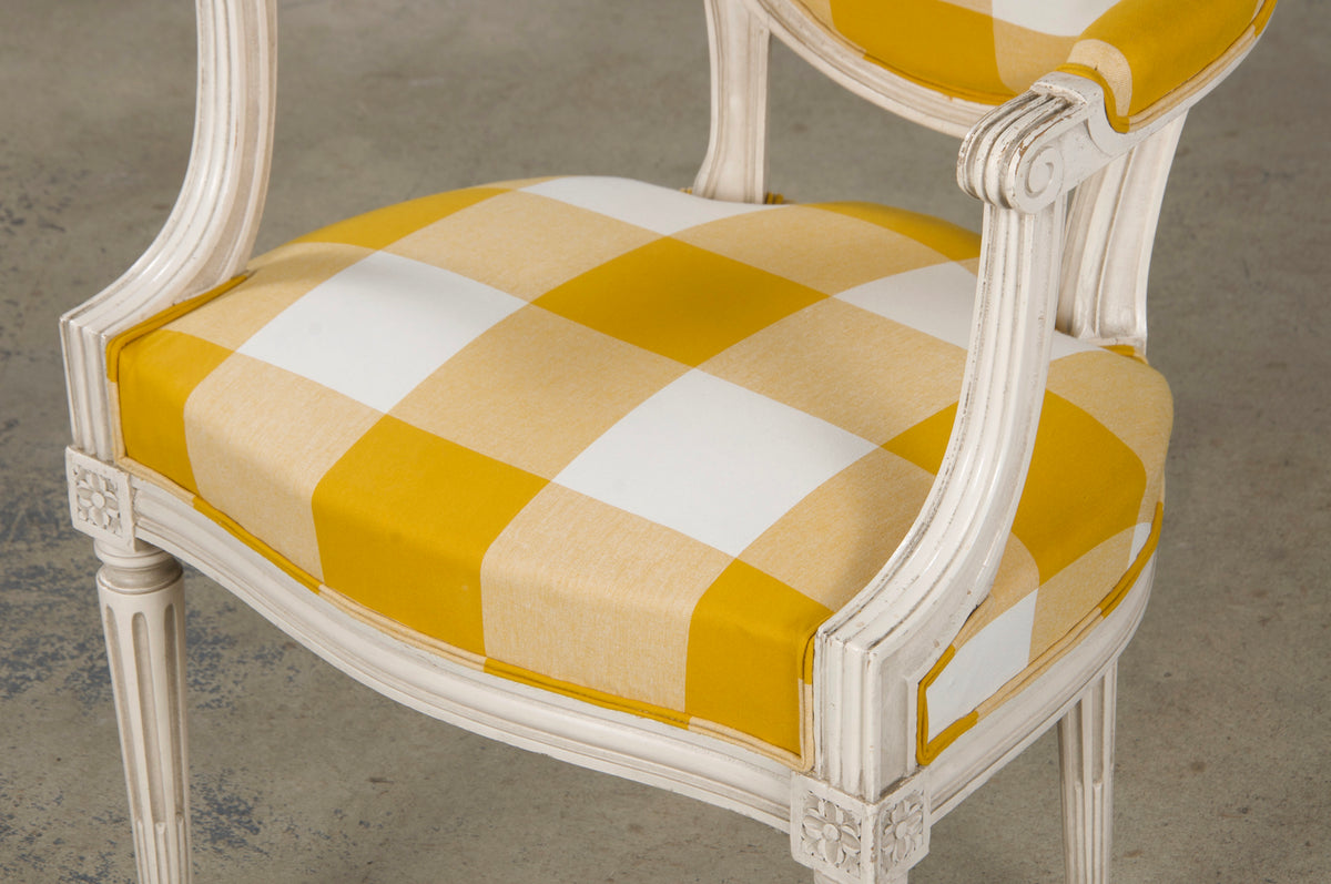 Antique French Louis XVI Style Painted Dining Chairs W/ Goldenrod Plaid Fabric - Set of 8