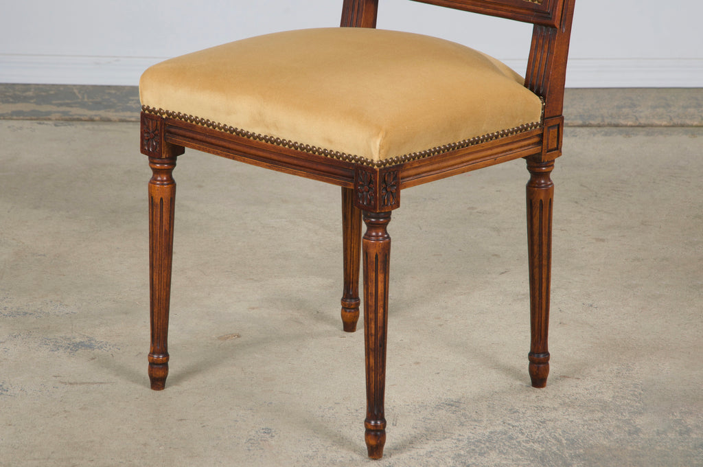 Antique French Louis XVI Style Maple Square Back Side Chairs in Golden Yellow Velvet - A Pair