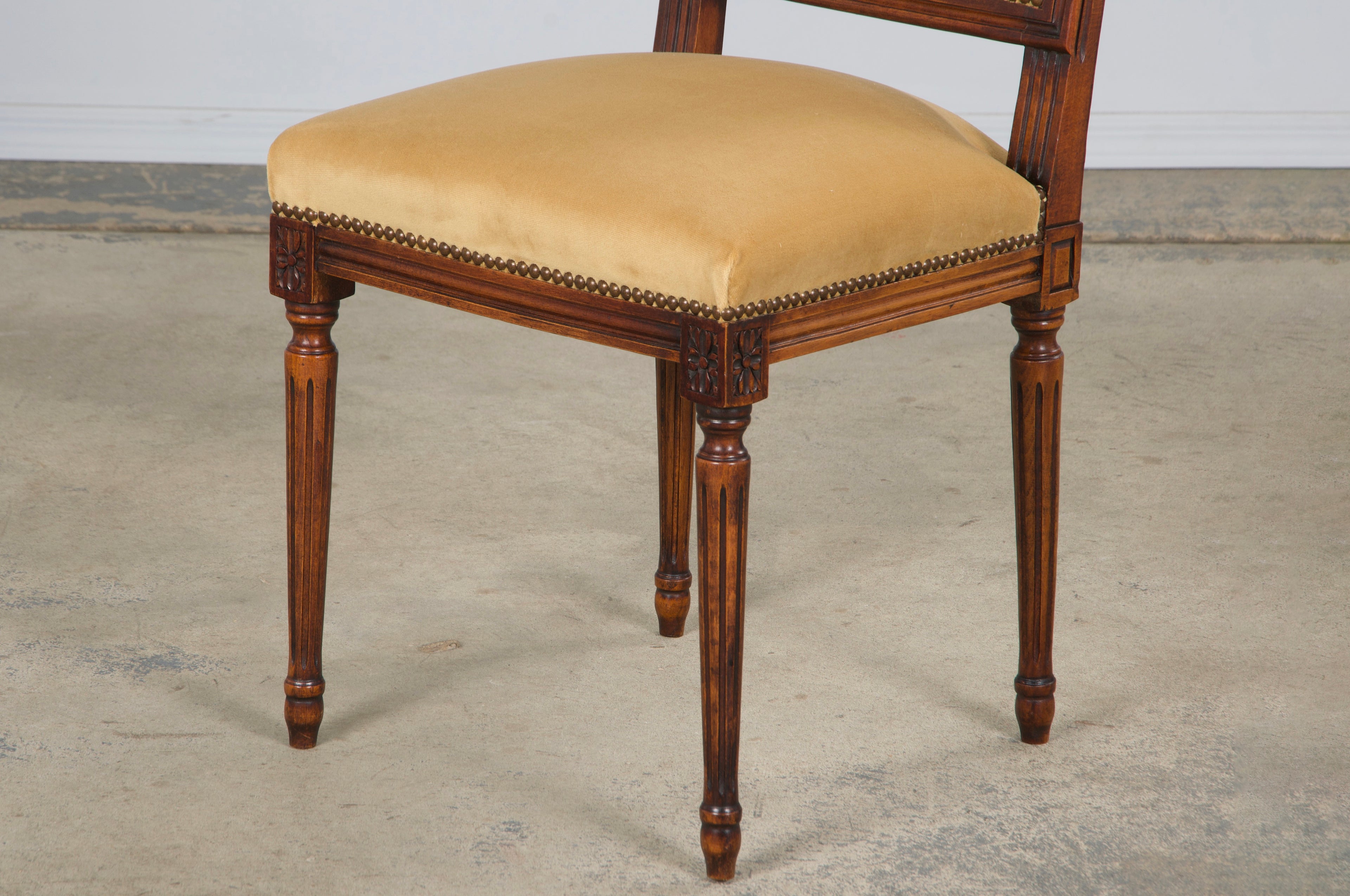 Antique French Louis XVI Style Maple Square Back Side Chairs in Golden Yellow Velvet - A Pair