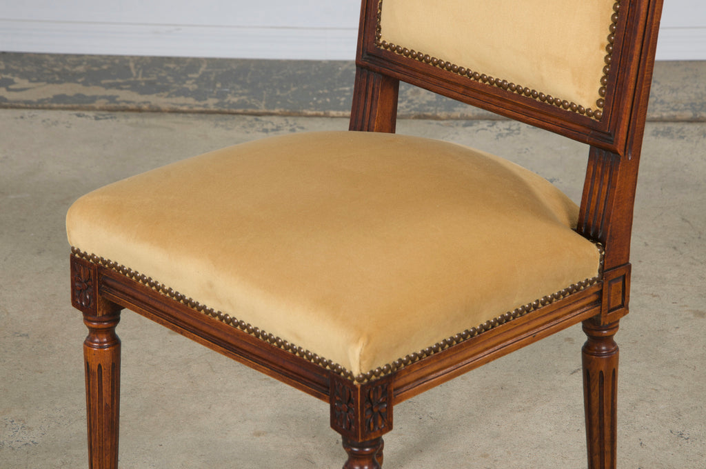 Antique French Louis XVI Style Maple Square Back Side Chairs in Golden Yellow Velvet - A Pair