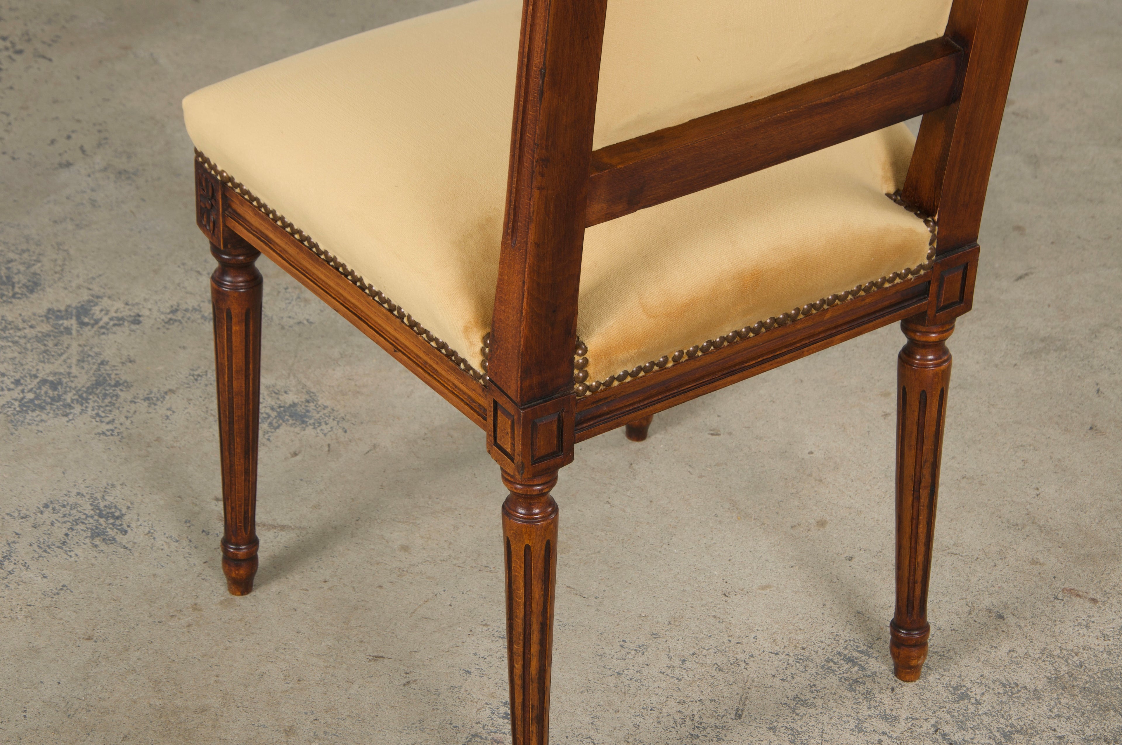 Antique French Louis XVI Style Maple Square Back Side Chairs in Golden Yellow Velvet - A Pair