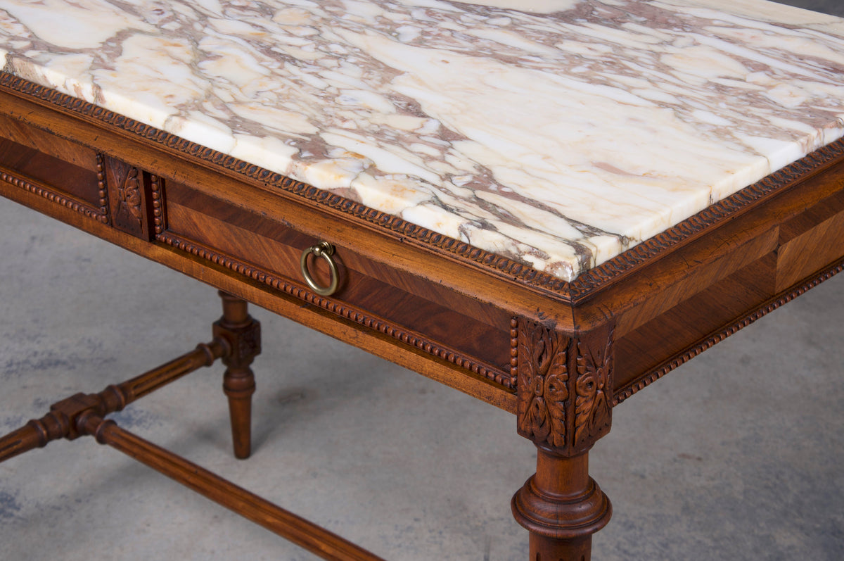 Antique French Louis XVI Style Walnut Console Table W/ Calacatta Marble