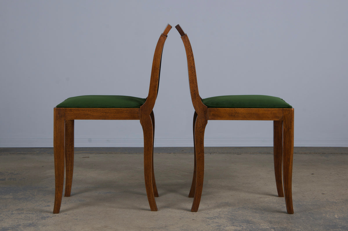 1930s French Jules Leleu Art Deco Rosewood Dining Chairs W/ Green Velvet - Set of 6