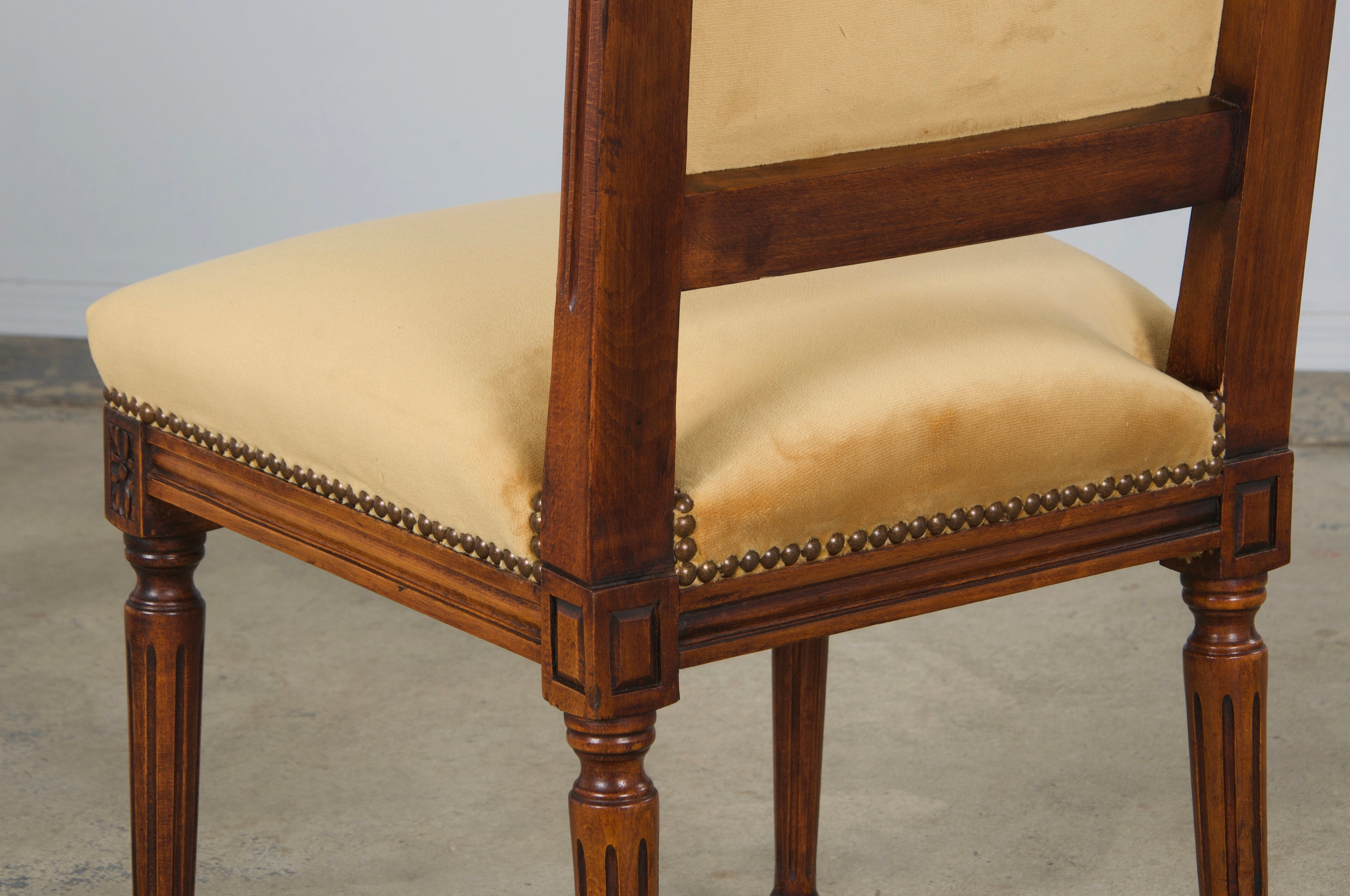Antique French Louis XVI Style Maple Square Back Side Chairs in Golden Yellow Velvet - A Pair