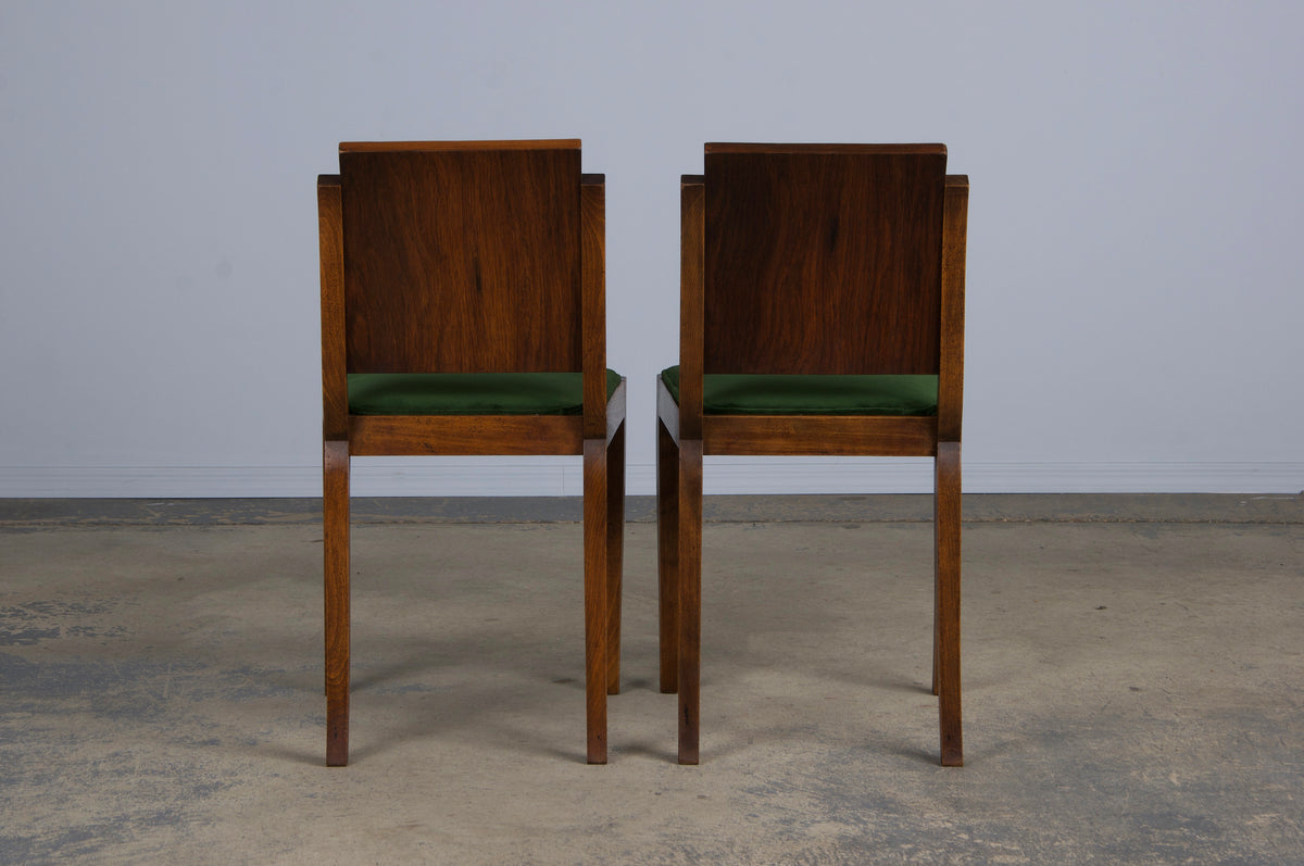 1930s French Jules Leleu Art Deco Rosewood Dining Chairs W/ Green Velvet - Set of 6