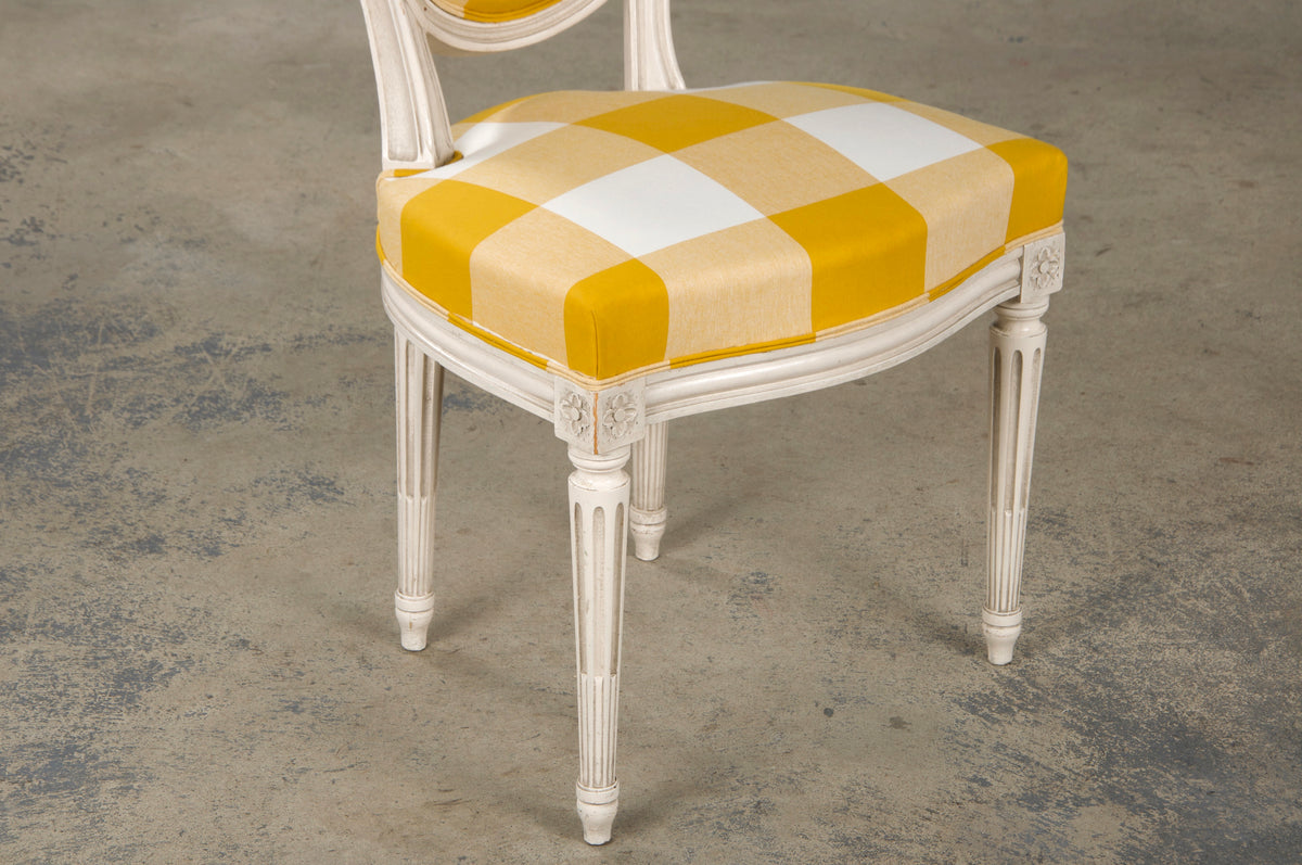 Antique French Louis XVI Style Painted Dining Chairs W/ Goldenrod Plaid Fabric - Set of 8