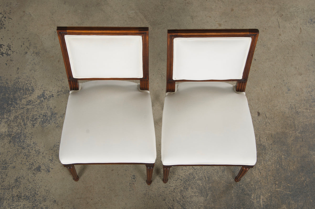 Antique French Louis XVI Style Maple Square Back Side Chairs in Off-White Velvet - A Pair