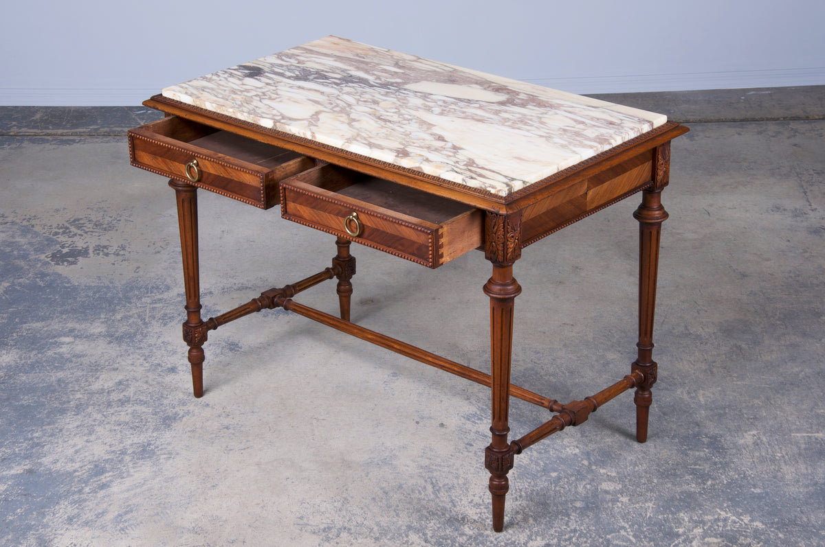 Antique French Louis XVI Style Walnut Console Table W/ Calacatta Marble