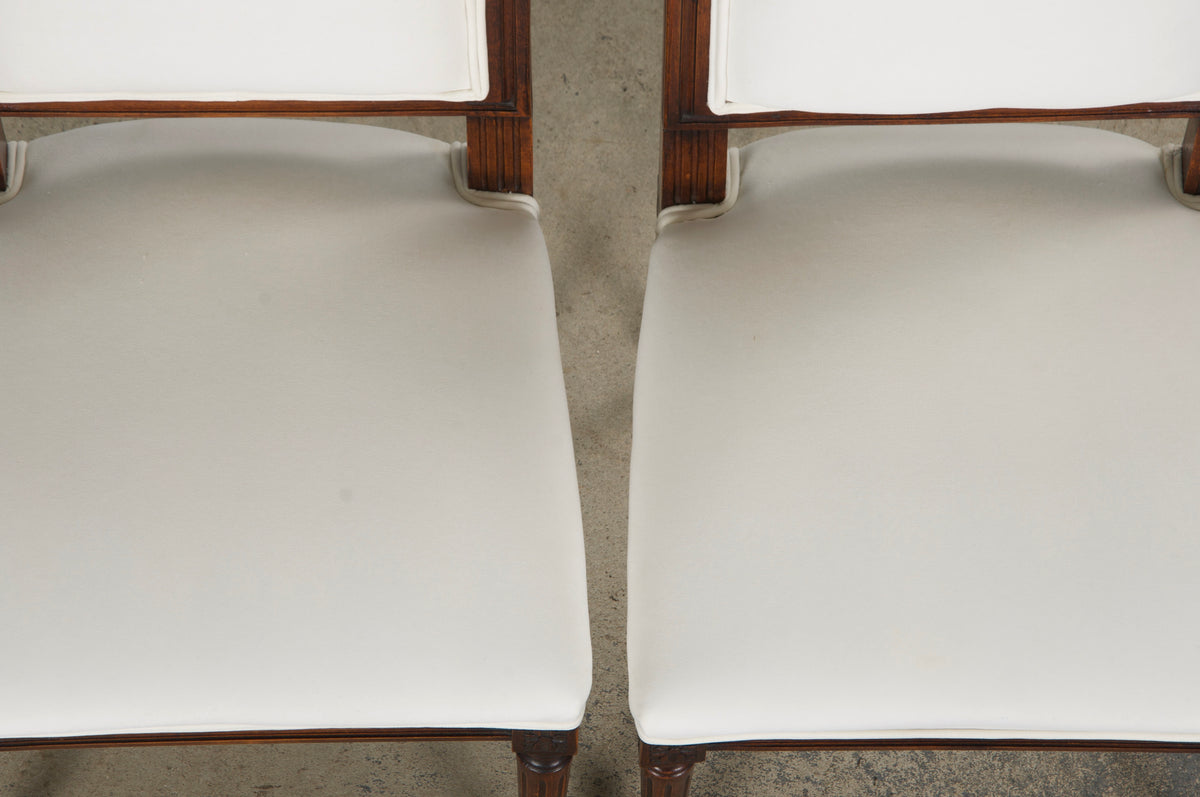 Antique French Louis XVI Style Maple Square Back Side Chairs in Off-White Velvet - A Pair