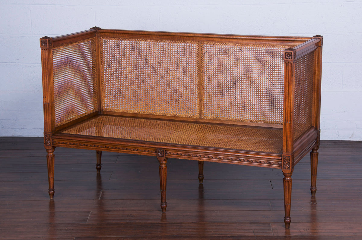 Antique French Louis XVI Style Walnut Cane Loveseat Settee