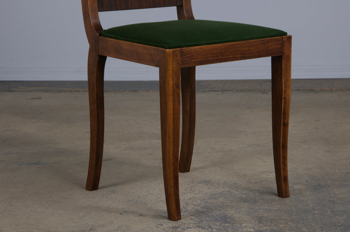 1930s French Jules Leleu Art Deco Rosewood Dining Chairs W/ Green Velvet - Set of 6