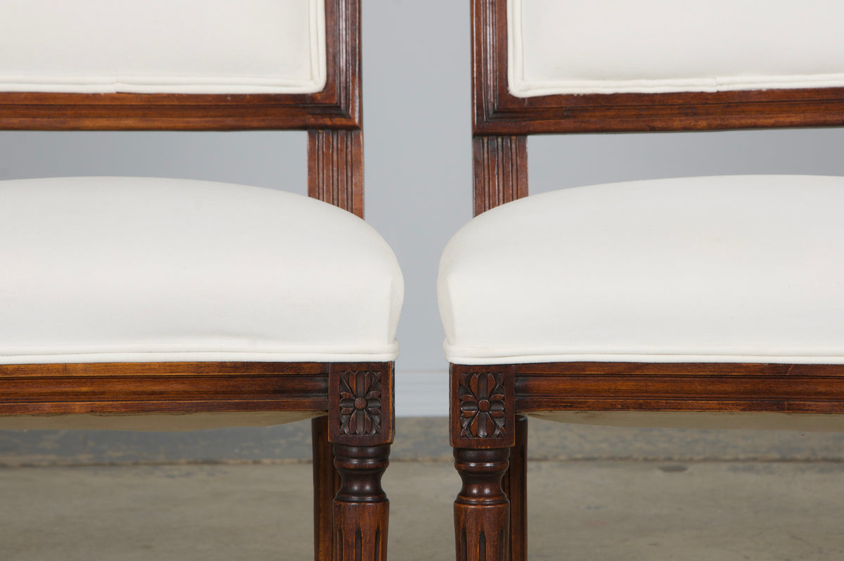 Antique French Louis XVI Style Maple Square Back Side Chairs in Off-White Velvet - A Pair