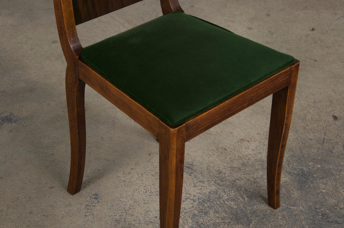 1930s French Jules Leleu Art Deco Rosewood Dining Chairs W/ Green Velvet - Set of 6