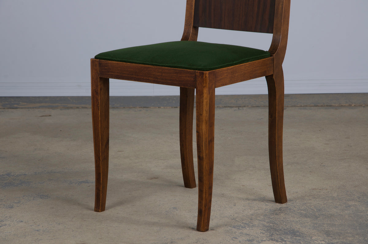 1930s French Jules Leleu Art Deco Rosewood Dining Chairs W/ Green Velvet - Set of 6