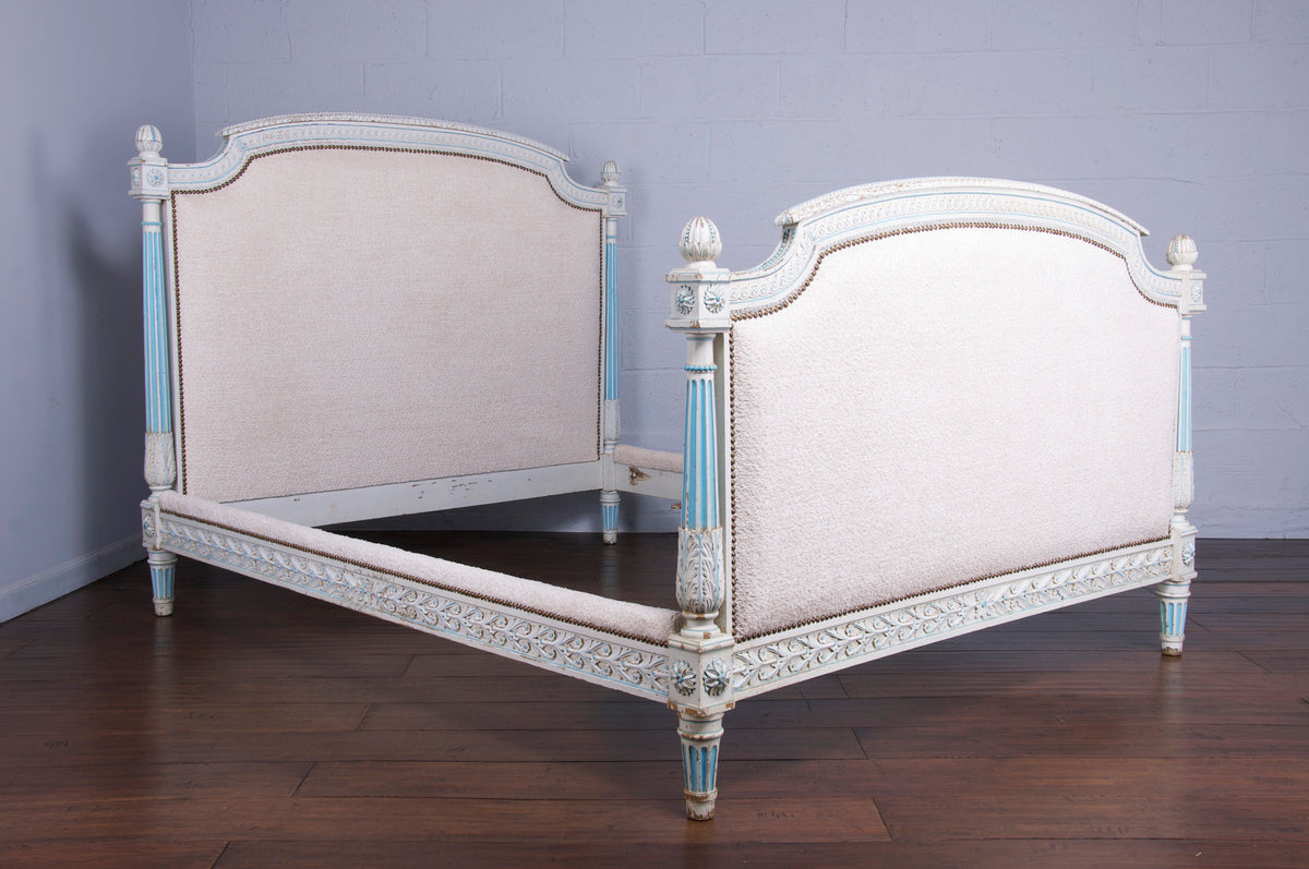 Antique French Parisian Louis XVI Style Painted Fullsize Bedframe W/ Off-White Boucle