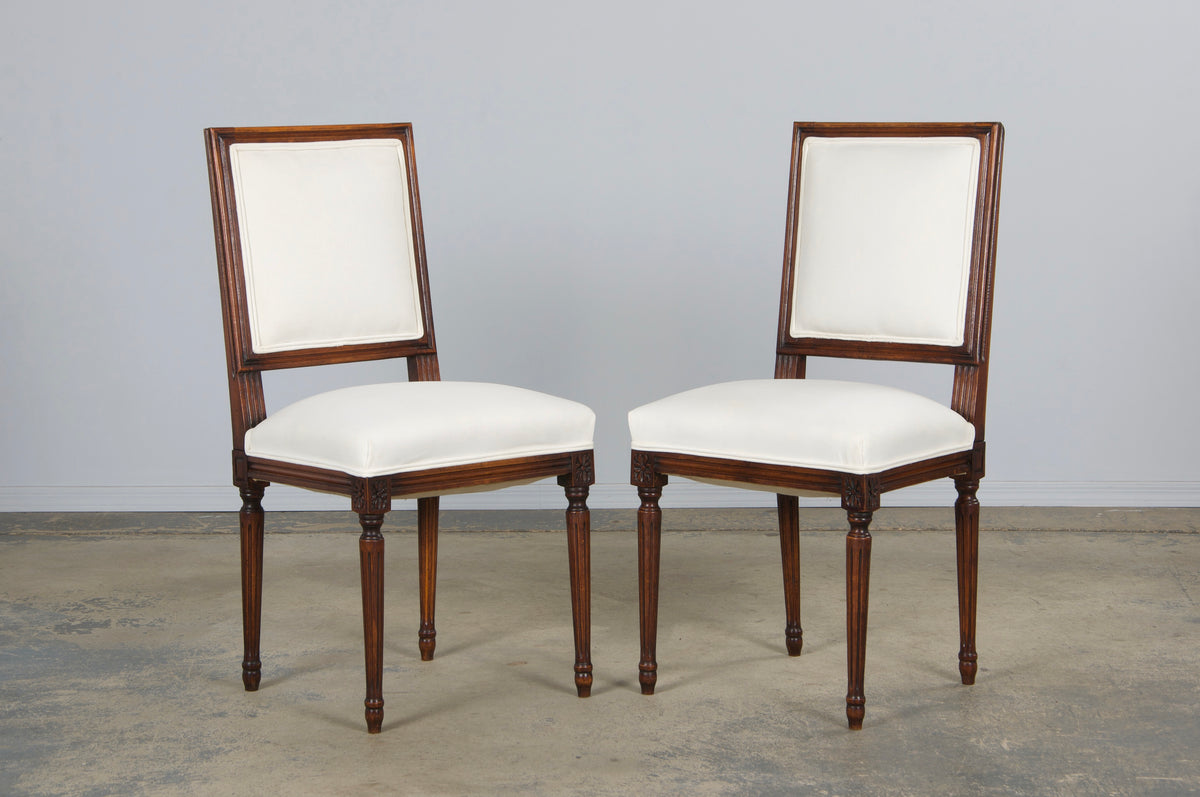 Antique French Louis XVI Style Maple Square Back Side Chairs in Off-White Velvet - A Pair
