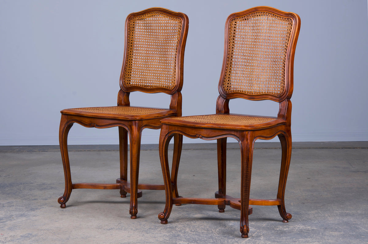 Antique French Louis XV Style Provincial Cherry Wood Cane Dining Chairs - Set of 8